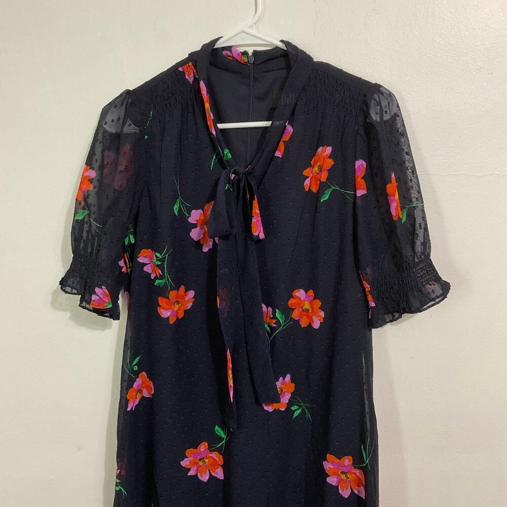 DKNY Navy Blue Floral Dress Chiffon Tie Neck 6 Small Swiss Dot Gathered Sleeves - Picture 3 of 9